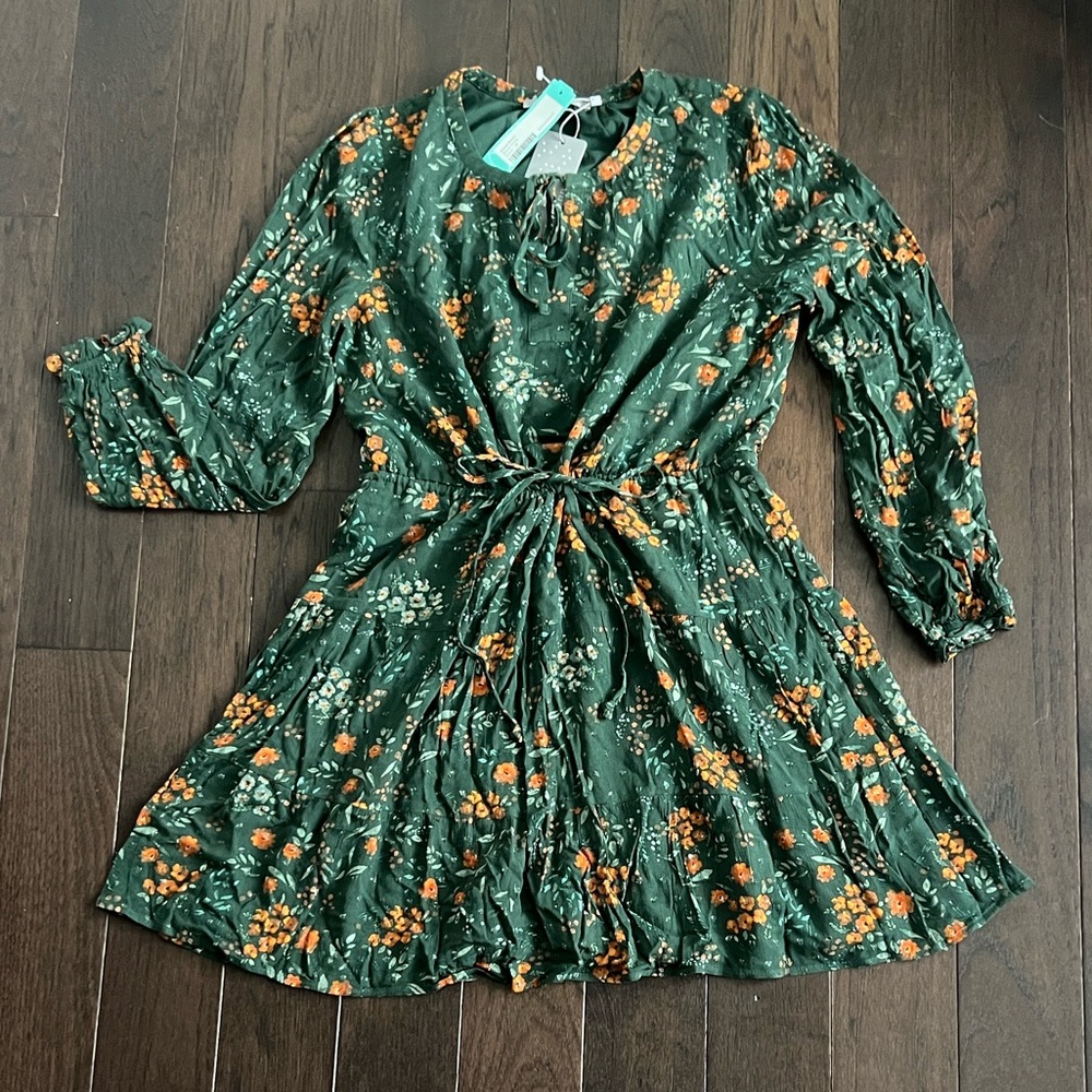 Daniel Rainn Green Floral Long Sleeve Dress with Orange Accents